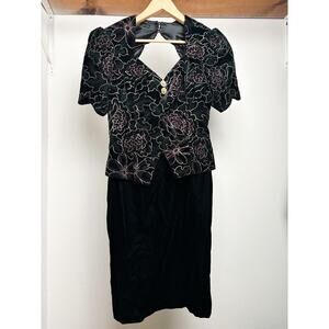 90's Green & Black Velvour Peplum Dress by Scott McClintock 8 Made In USA Floral